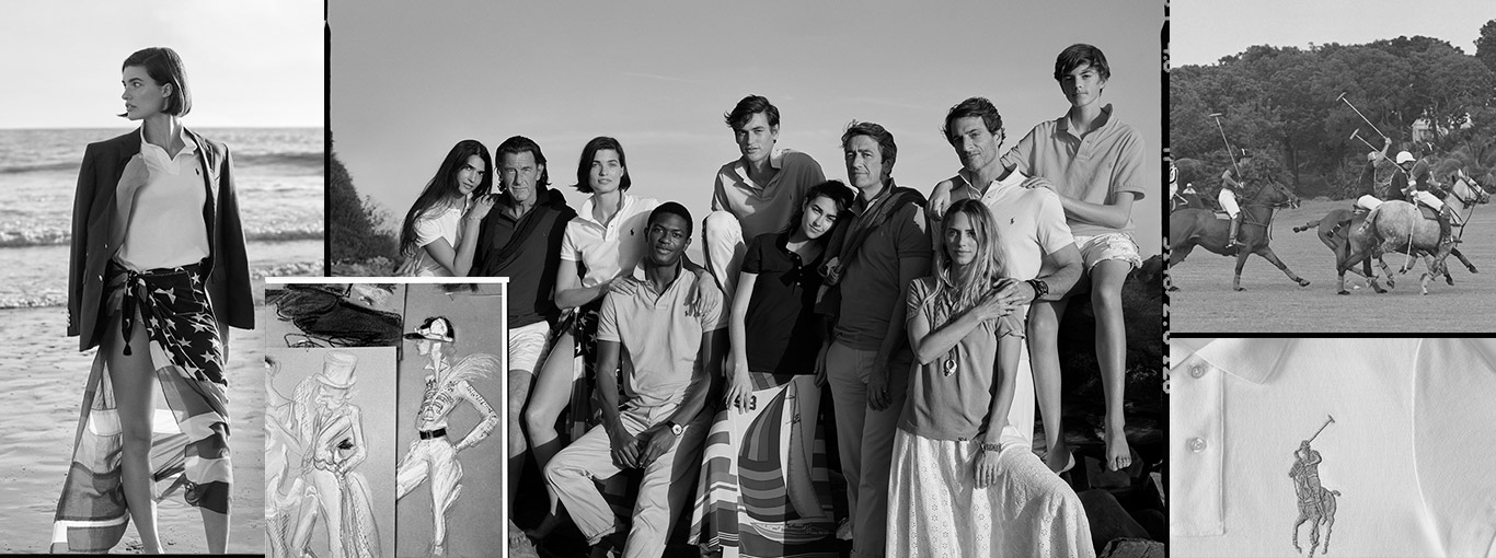 Collage of men and women in white Polo shirts & fashion sketches