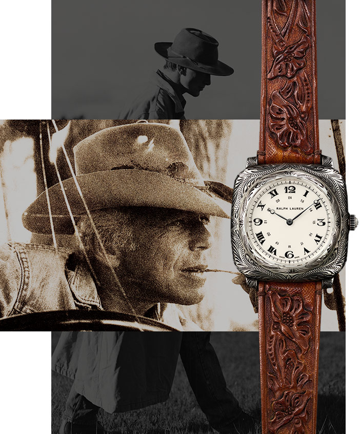 Watch with brown leather strap hand-tooled with floral Western motif