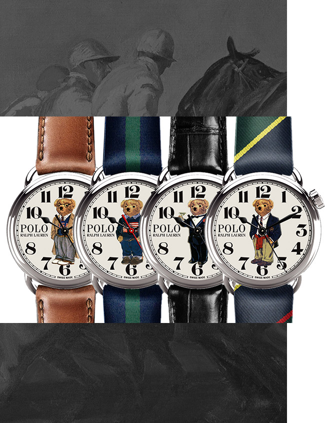 Watches with Polo Bear characters on face, with leather and silk straps