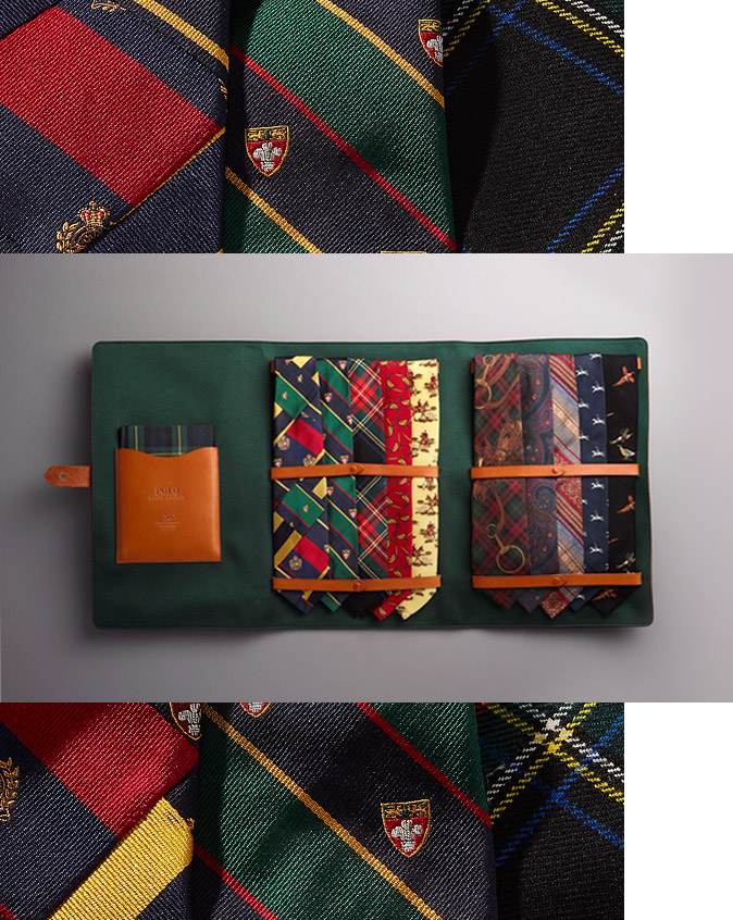 Ties of various patterns and hues in suede brown leather case